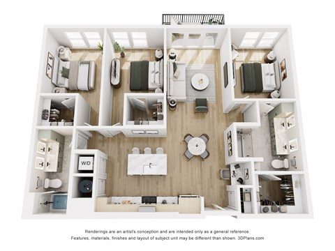 Floor plan for 3 beds, 2 baths, 1376 sqft